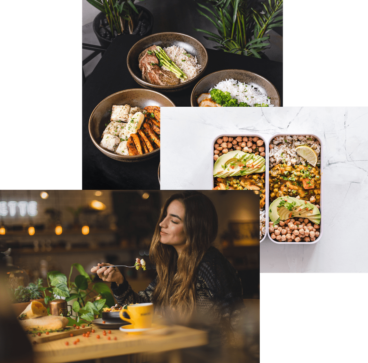 Woman enjoying food, meals in storage container, and bowls of food on a table